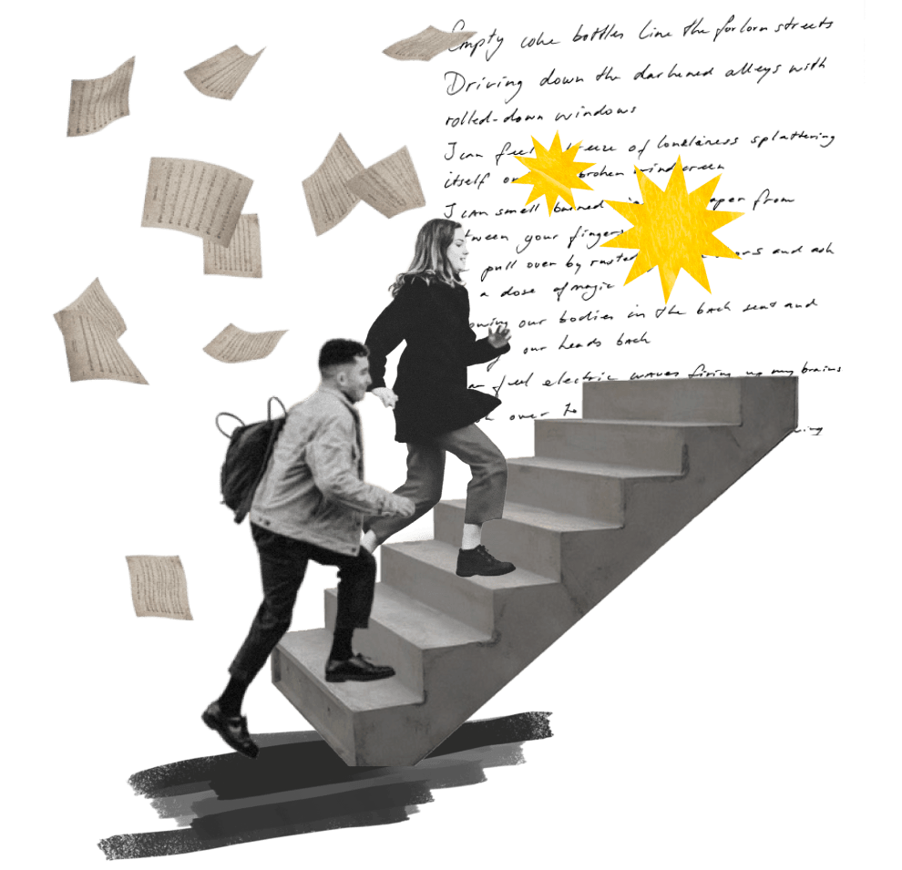 Two people going up stairs. Papers flying in the hair. Handwritten text in the background.