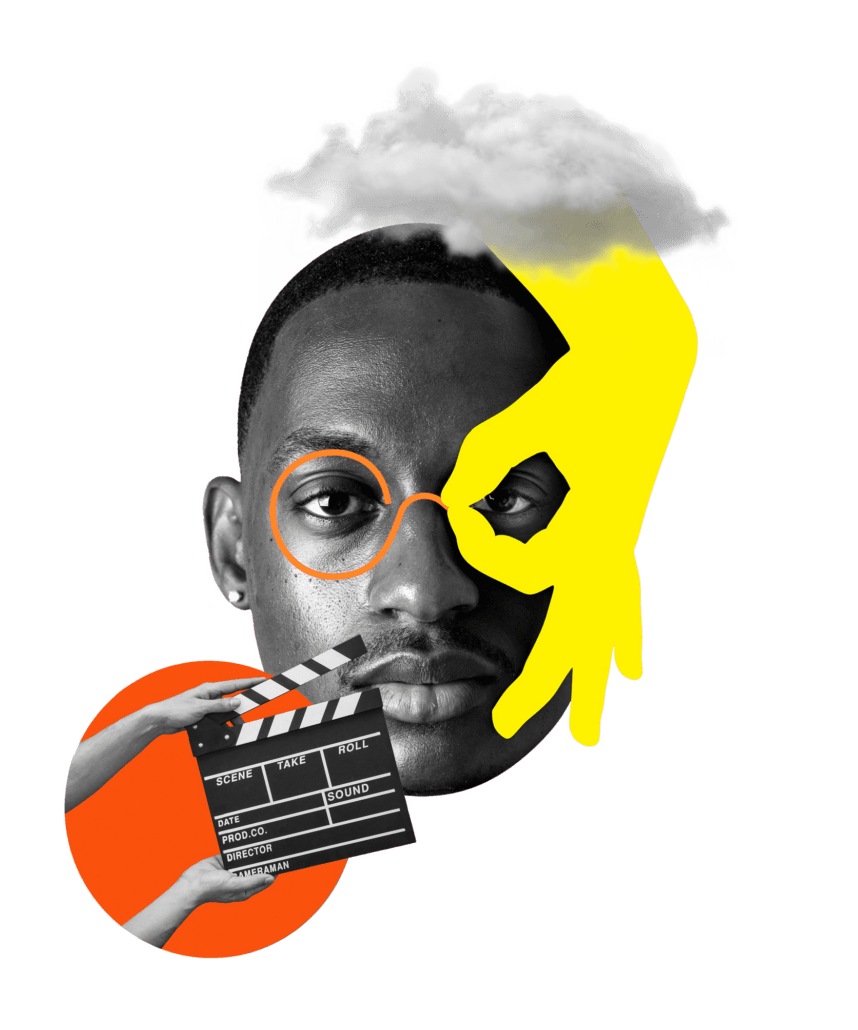 Character face, illustrated hand coming down from a cloud. Clapboard in the front.