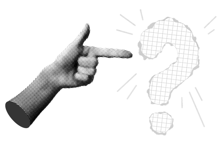 Collage of a hand pointing to a paper question mark.