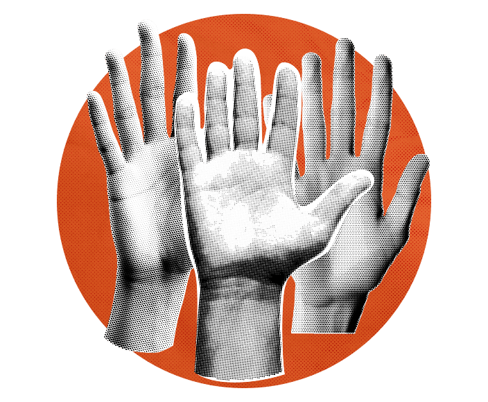 Collage of three hands over orange circle.