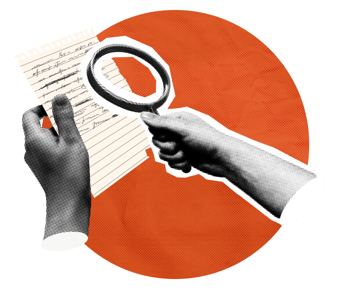 Collage of two hands, one with magnifying glass, reviewing page over orange circle.