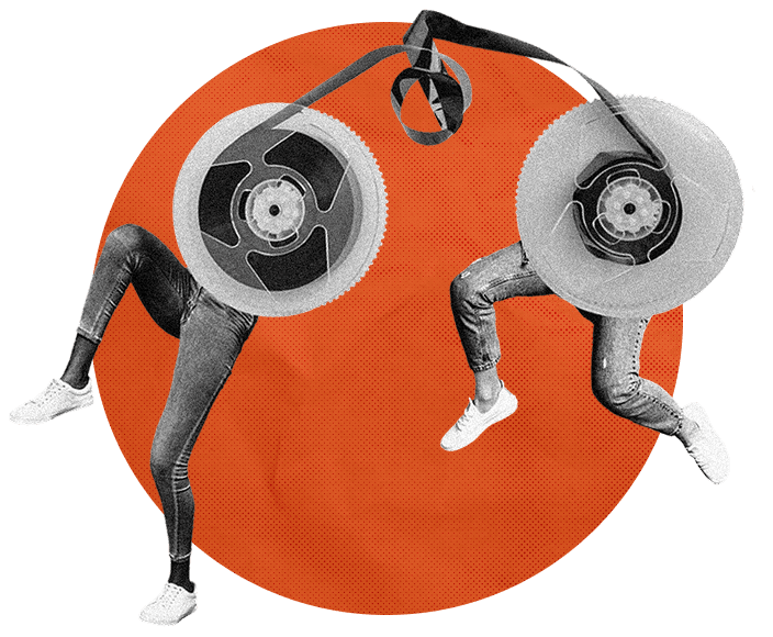Collage of characters made of tape jumping over orange circle.