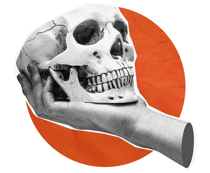 Collage of a hand with a skull over orange circle.